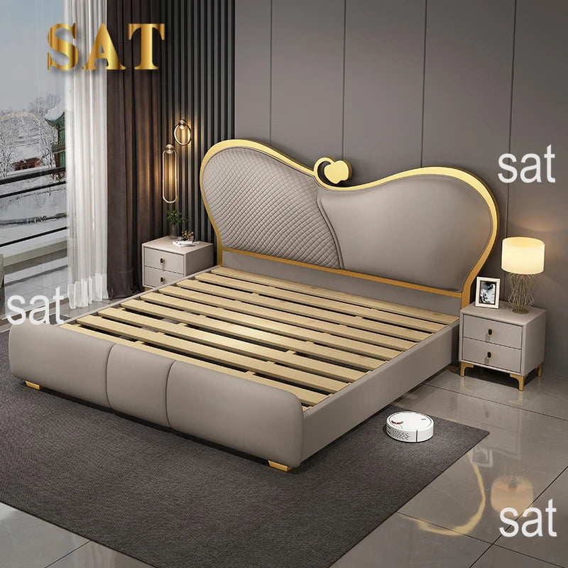 SAT. Cama Doble Moderna y Creativa de Lujo Ligero, Cama Suave, Estructura de Cama King Size y Queen Size, Juego de Muebles de Dormitorio de Alta Gama