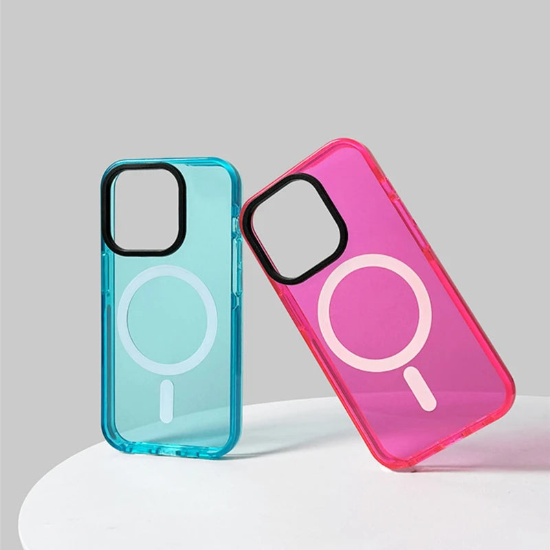 Funda Transparente de Silicona Suave con Carga Inalámbrica MagSafe en Colores Neón para iPhone 17, 17 Pro Max, 15, 16 Pro, 13, 14, 12