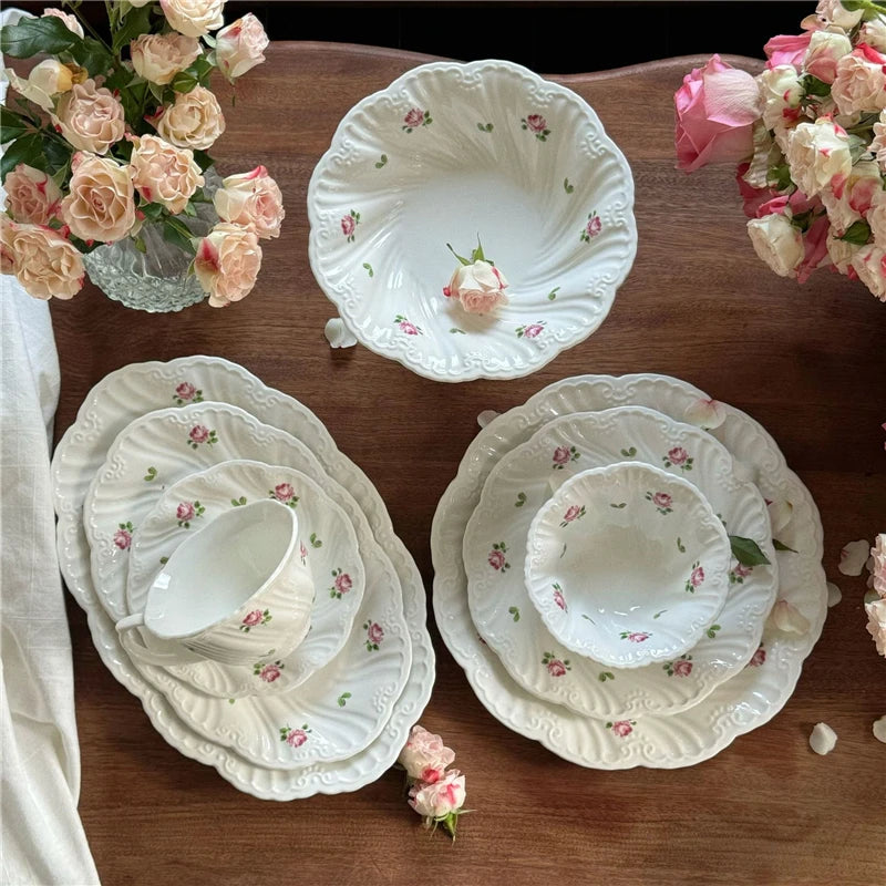 Juego de platos de cerámica, taza de café, platillo, hermoso vajilla, plato de postre de rosa Vintage, platos de cena, regalo, taza de té, suministros de cocina
