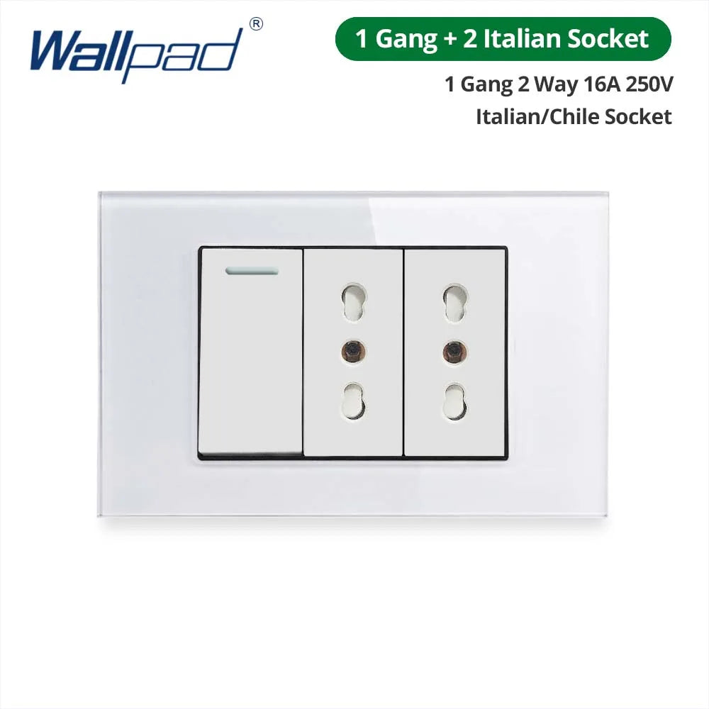 Wallpad Panel de vidrio templado blanco interruptor de luz de pared UE Reino Unido italiano Chile enchufe botón basculante 118*75mm 16A AC110-250V