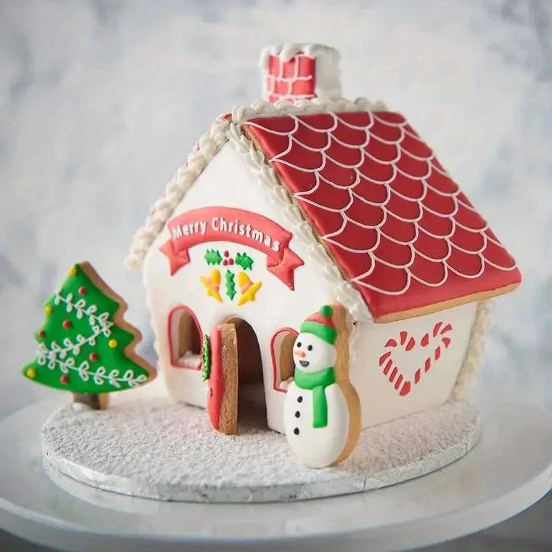 Molde de casa de jengibre de Navidad 3D, juego de cortadores de galletas de plástico, molde para galletas DIY, pastel de pastelería, sello, herramientas para hornear, accesorios
