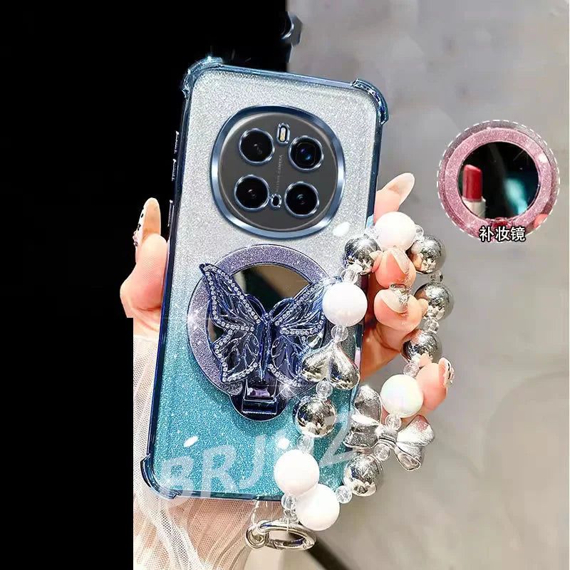 Funda Magnética Antigolpes con Espejo para Realme 14 13 12 Pro Plus C75 C71 C65 C63 C55 C53 C51, Soporte para Teléfono con Diseño de Mariposa y Correa de Pulsera