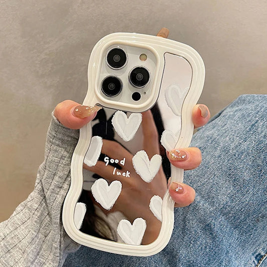 Funda de teléfono con espejo de maquillaje de corazón blanco encantador coreano para iPhone 17 Air 14 15 16 Pro Max 13 11 12 14 Plus XS X XR cubierta a prueba de golpes