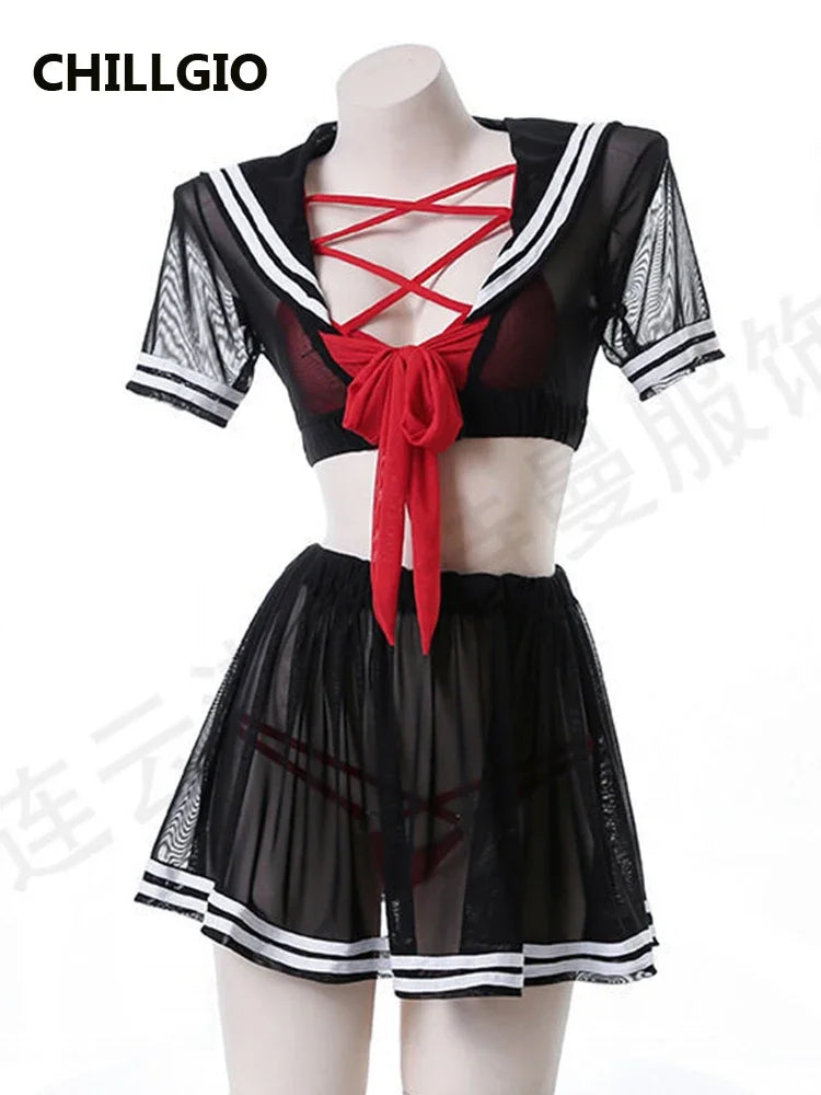 CHILLGIO-Conjunto de pijama con falda de malla transparente para mujer, ropa de dormir, lencería erótica de moda, estilo Preppy japonés
