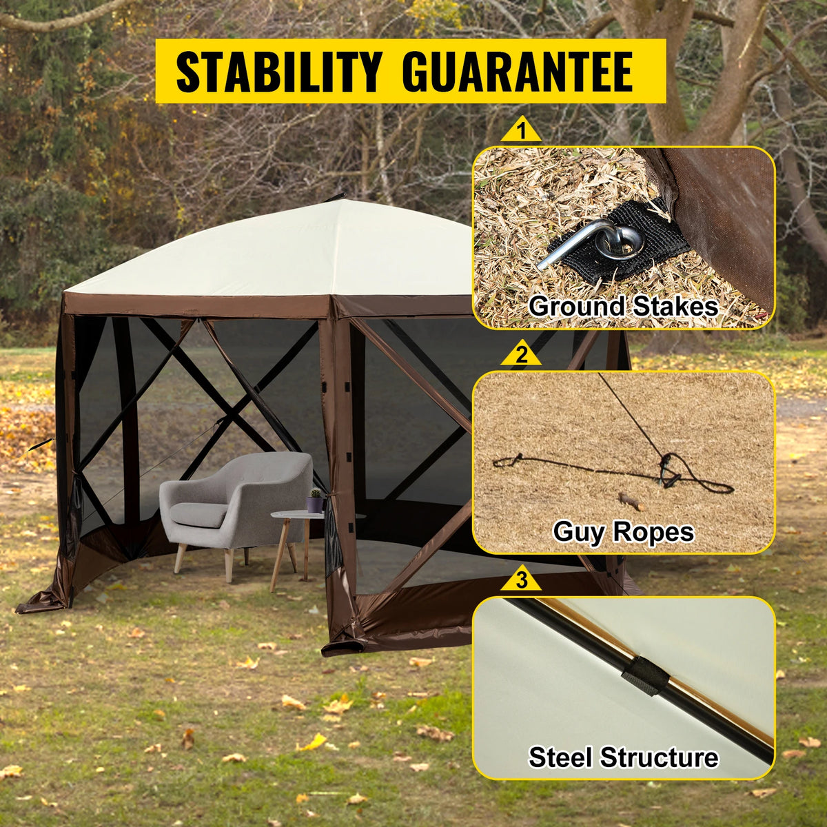 SucceBuy Gazebo emergente para acampar, refugio con dosel para acampar, 6 caras, 12' x 12' / 10' x 10', tiendas y toldos para acampar y hacer senderismo