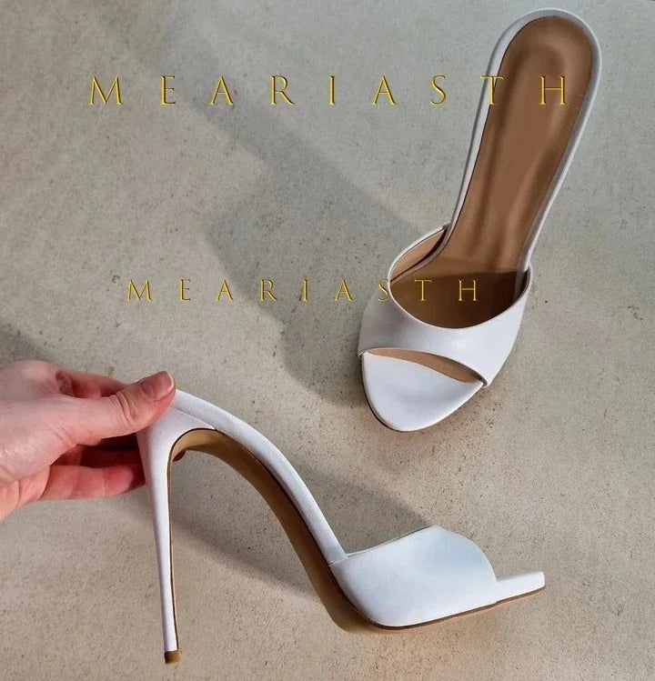 Mulas de cuero de Color caramelo para mujer, zapatos de tacón alto fino con punta abierta y punta abierta, zapatillas modernas sexis para fiesta para primavera y verano