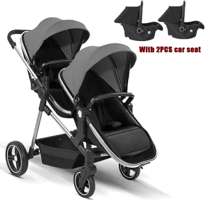 Nuevo cochecito doble de STOCK europeo con 2 asientos de coche, cochecito de bebé 3 en 1, multifuncional, ligero, portátil para niños dobles