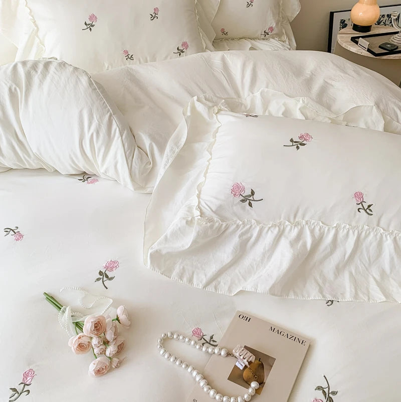 Juego de funda nórdica bordada con rosas de 3 piezas (1 funda nórdica + 2 fundas de almohada, sin núcleo), juego de cama de encaje estilo princesa