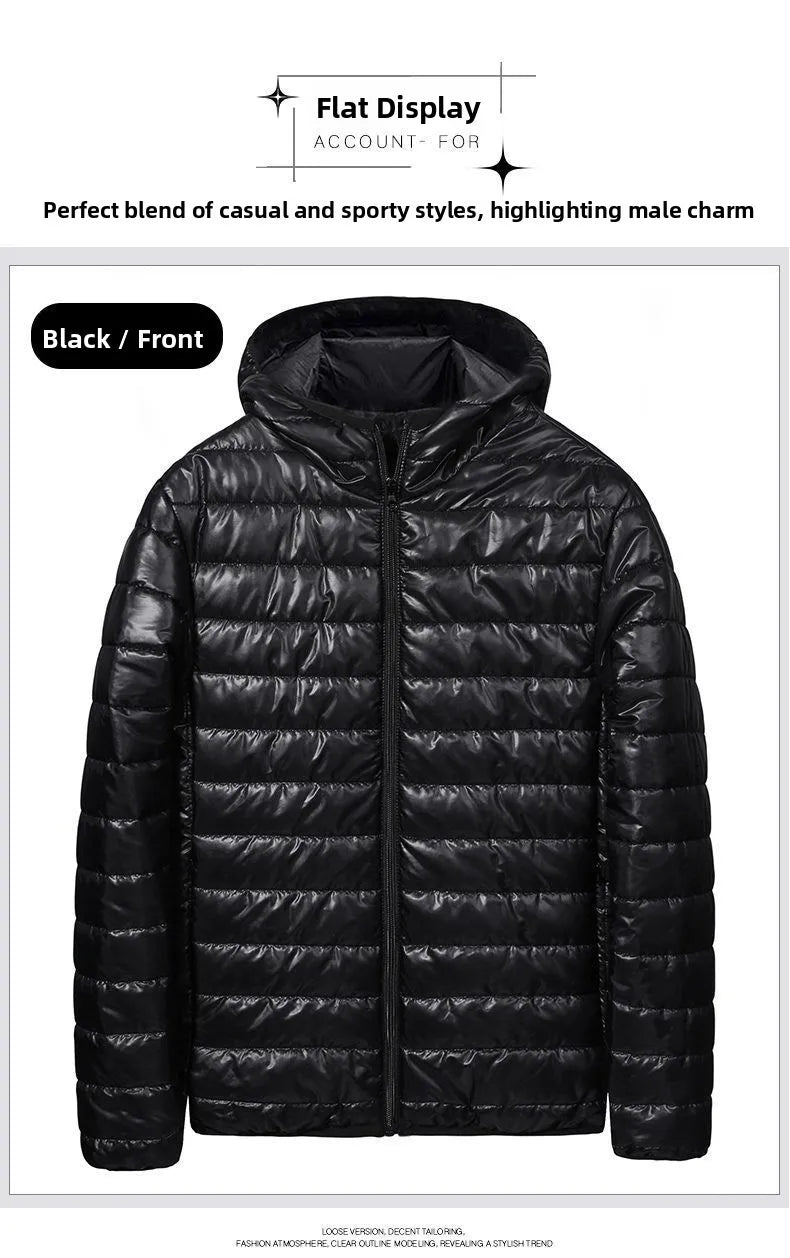 Chaqueta de plumón ligera para hombre, estilo nuevo de otoño-invierno, tipo abrigo acolchado, con cierre de cremallera y capucha, de fibra de poliéster.