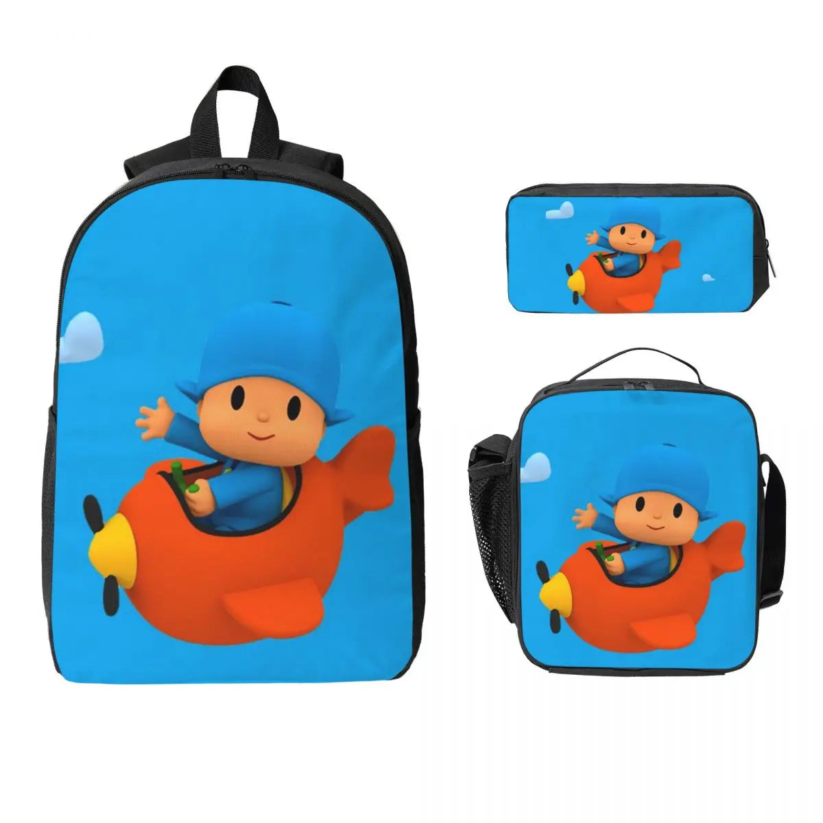 Mochila azul de dibujos animados de Pocoyo para niños, mochila escolar, bolsos de hombro para ordenador, bolsa de almuerzo aislada de 3 piezas, estuche para lápices