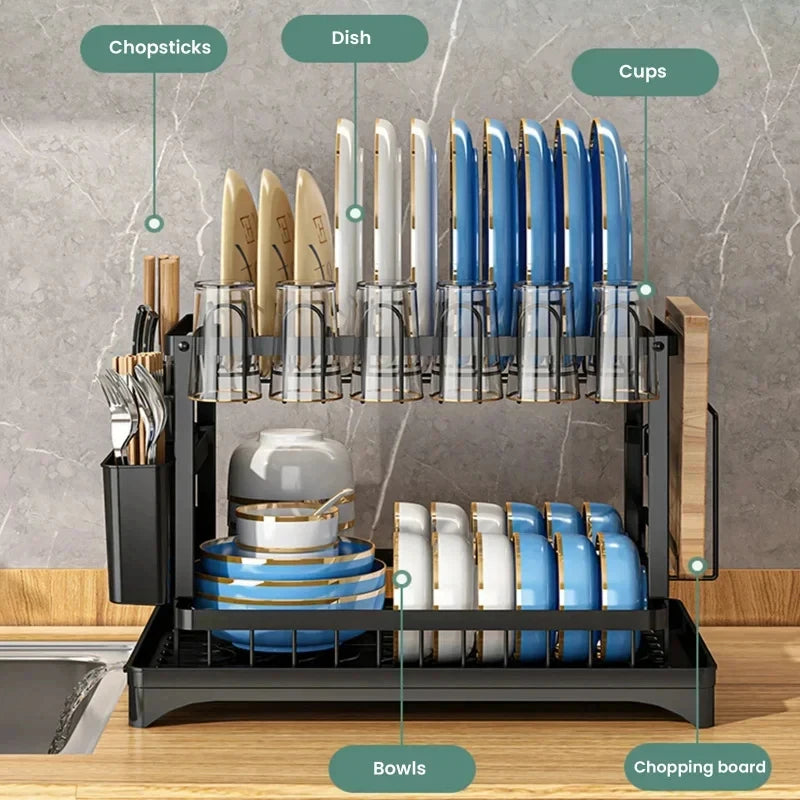 Escurridor de Platos de Dos Niveles que Ahorra Espacio, Metálico Resistente a la Oxidación con Bandeja de Drenaje, Fácil de Montar, Soporte para Vajilla de Cocina
