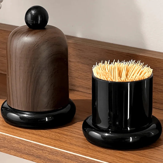 1 soporte elegante para palillos de dientes de madera de nogal con tapa de bola, diseño de madera maciza, decoración de alta gama para sala de estar y cocina, portátil