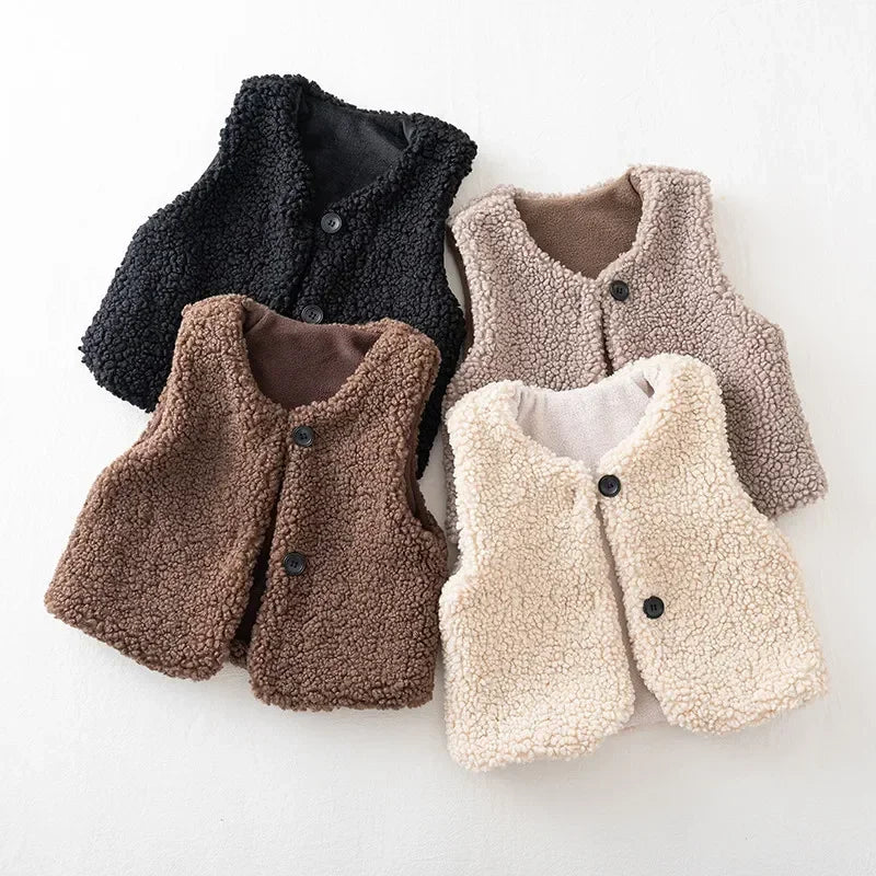 Otoño Invierno bebé lana de cordero más chaleco de terciopelo niñas niños chaleco de felpa de un solo pecho cuello en V niño cálido moda abrigo cálido