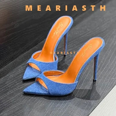 2025 verano 10 cm/12 cm zapatillas de tacón alto para mujer moda puntiaguda zapatos de Muels con punta abierta señoras elegante vestido de fiesta Sandalias