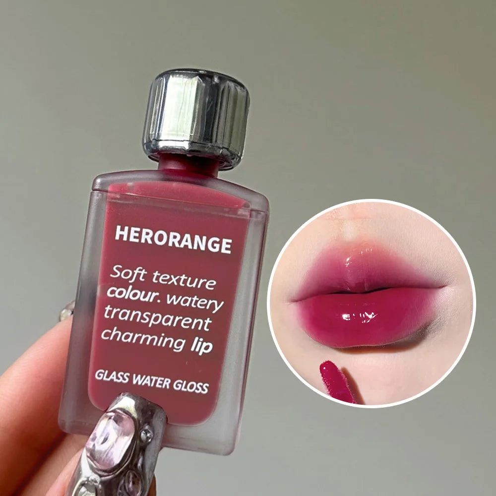 Brillo de agua de vidrio ligeramente, esmalte de labios Herorange, espejo hidratante, labios regordetes, no es fácil de pegar en la taza, maquillaje de larga duración