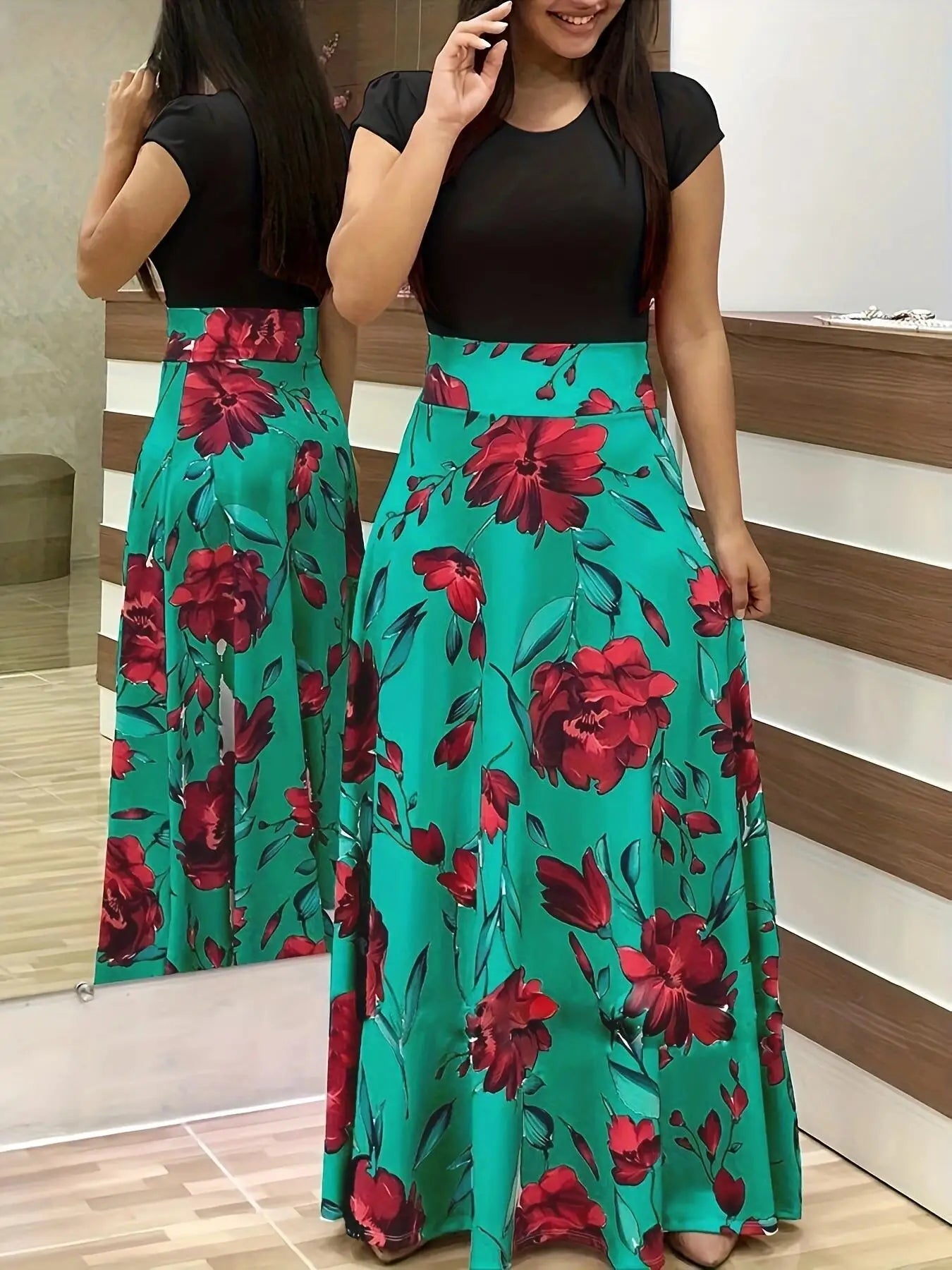 Vestido de manga corta a juego con estampado de flores de estilo europeo y americano para mujer, falda con vuelo grande, 2024