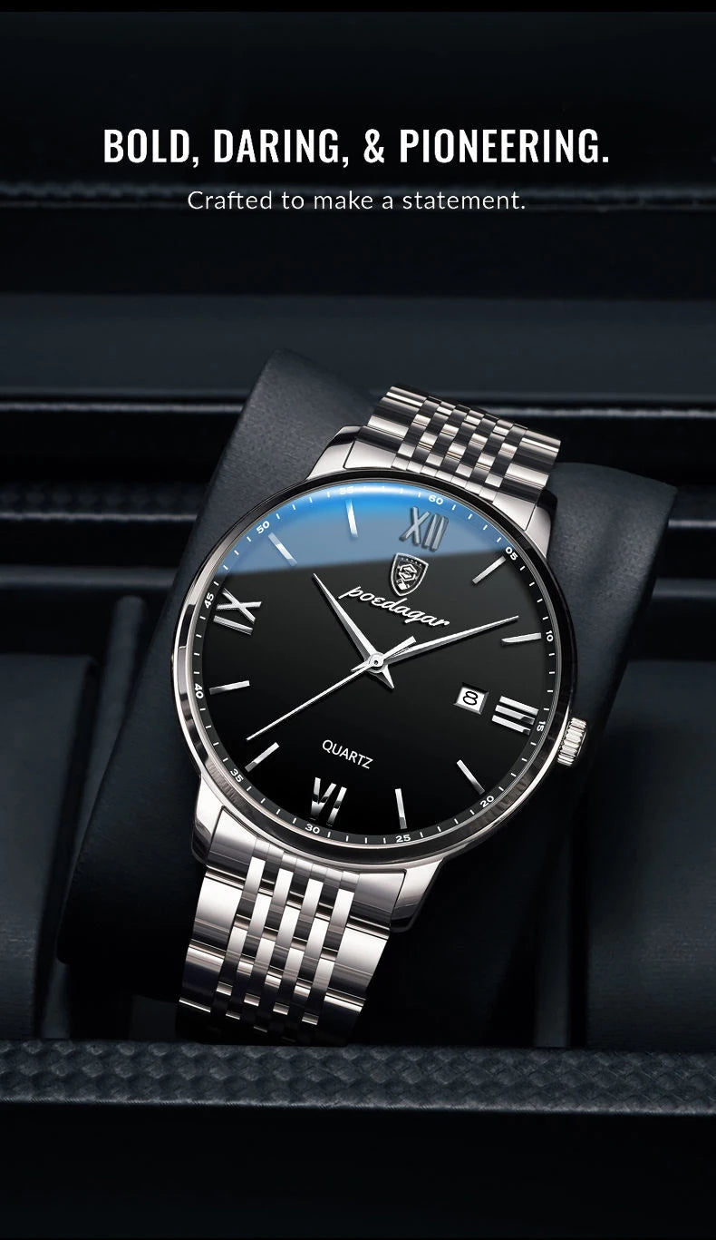 POEDAGAR, relojes de negocios de lujo para hombre, reloj de pulsera resistente al agua de acero inoxidable con fecha para hombre, reloj de pulsera de cuarzo Simple a la moda para hombre