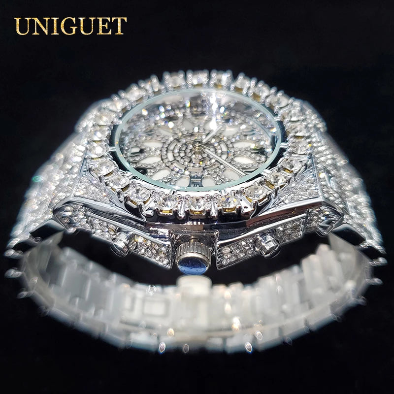 Reloj de lujo para hombre, relojes de cuarzo con diamantes helados para hombre, reloj de mano de Hip Hop con circonita brillante, reloj luminoso resistente al agua para hombre