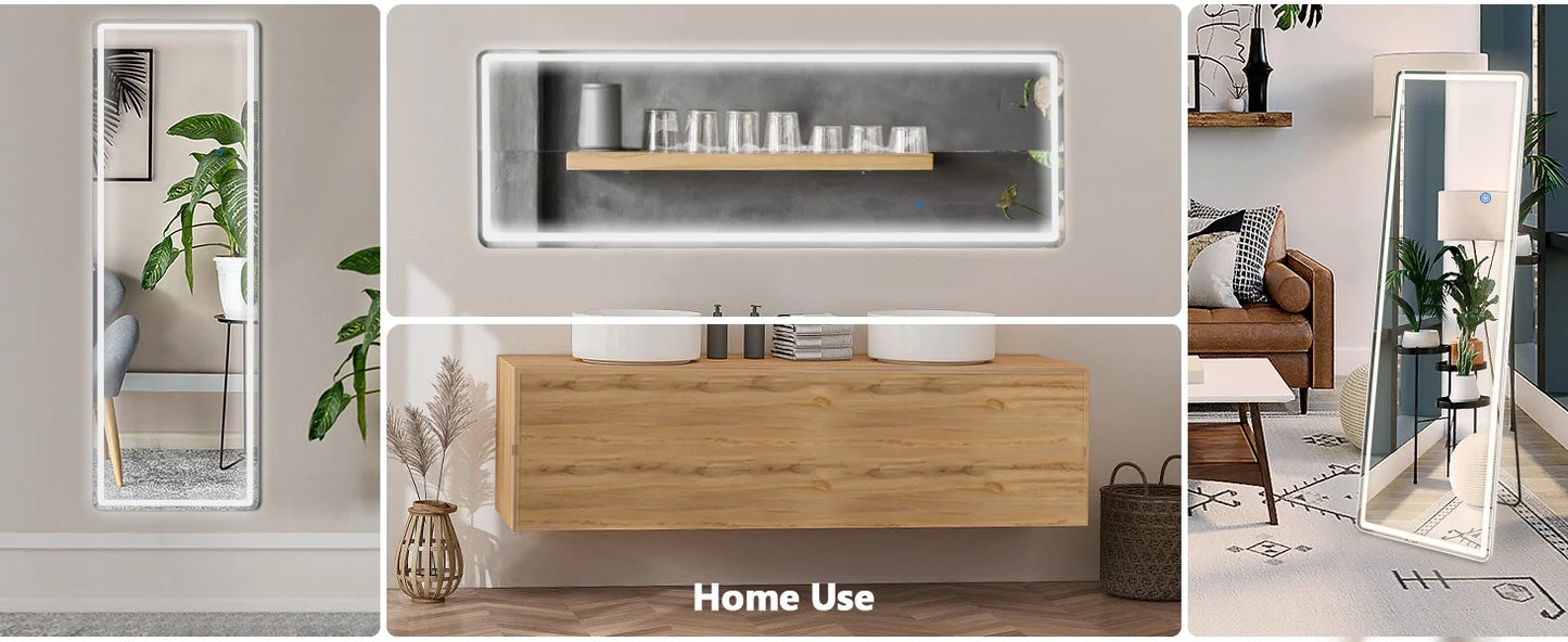 Espejos JHK con luces LED de longitud completa de 64"x21", espejos de pie o para colgar en la pared con soporte, marco de aleación de aluminio para el hogar