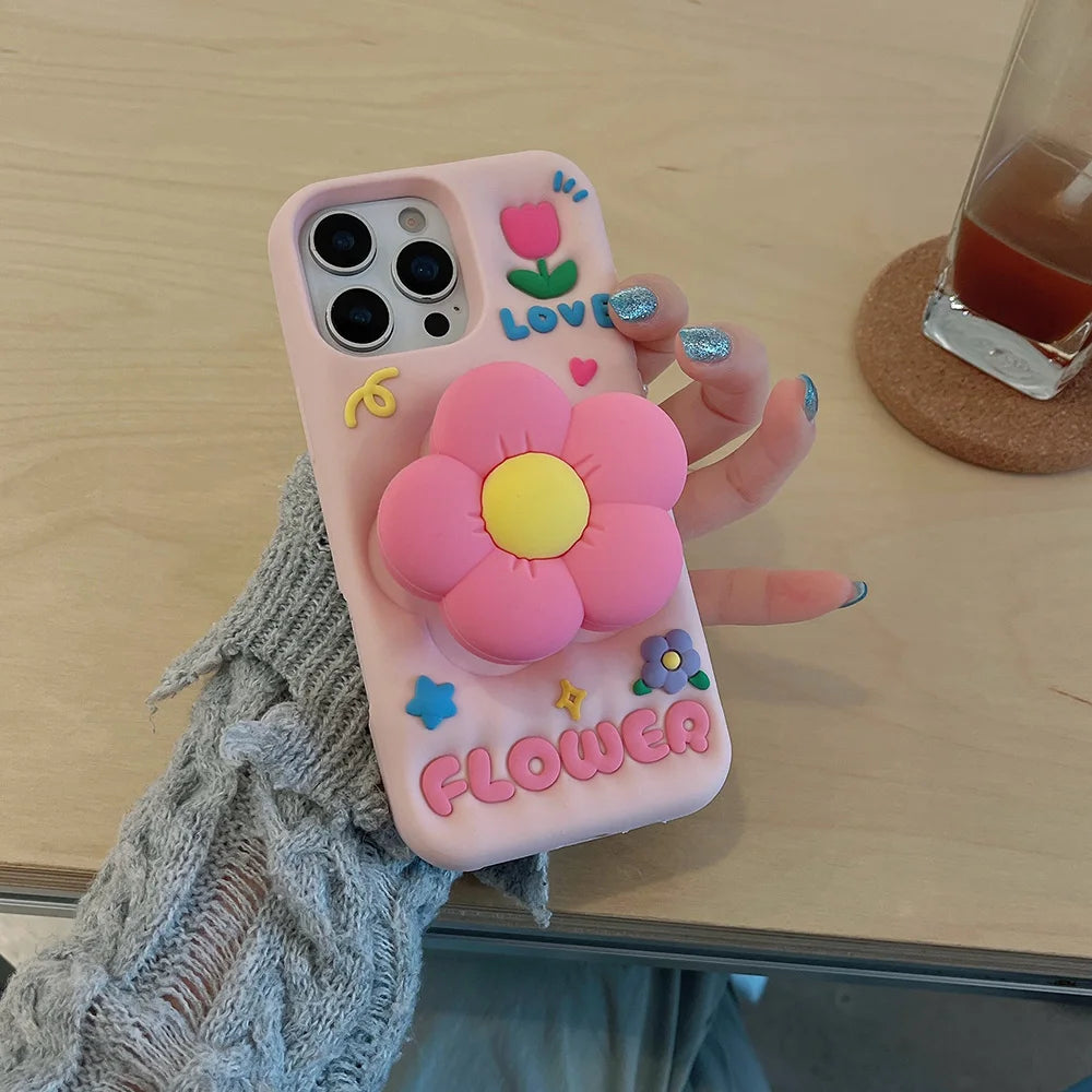 Lindo soporte floral 3D funda de silicona suave soporte de flores cubierta para iPhone 16 15 14 13 12 11 Pro Max 7 8 Plus X XS Max XR