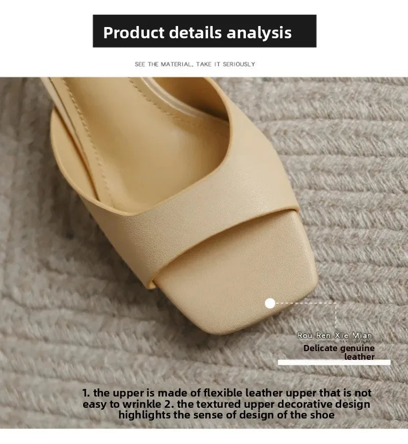 Pantuflas de Tacón Alto para Mujer, Pantuflas de Cuero Vacuno de Lujo, Pantuflas de Moda con Punta Cuadrada, Pantuflas de Tacón Alto con Punta Abierta para Verano