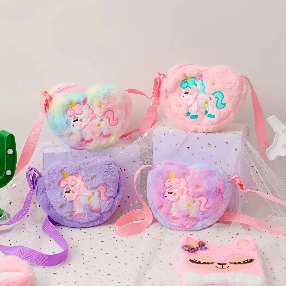 Lindo unicornio para niñas, bolso de hombro con cremallera de corazón de felpa, bolso de mensajero, monedero, cartera, bolso cruzado, regalo para niños, Mochila pequeña