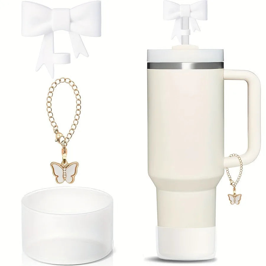 Juego de 3 Cubiertas de Silicona para Vasos con Diseño de Lazo y Cadena de Mariposa Rosa, Accesorios para Vasos de 30/40 oz ﻿