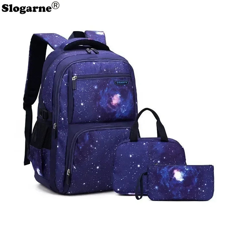 Nuevo conjunto de 3 uds de mochilas para niños, bolso escolar con patrón de cielo estrellado para estudiantes, bolso escolar impermeable con bolsa de almuerzo, estuche para lápices