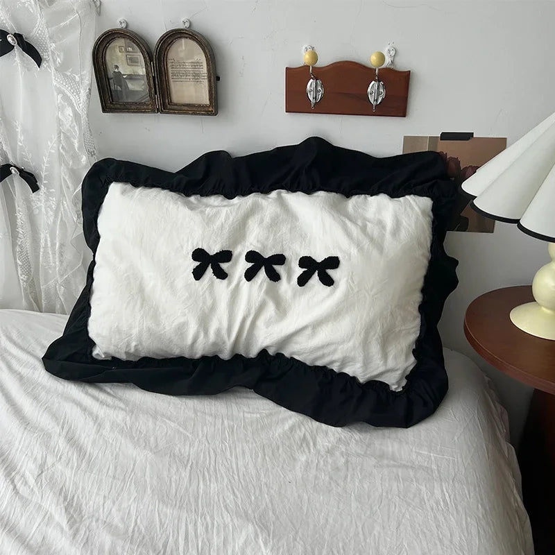 Juego de cama de algodón con lazo negro, funda nórdica suave y agradable para la piel estilo princesa para niña, sábana o funda de almohada para falda de cama