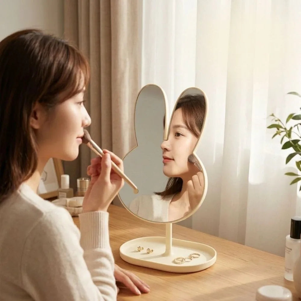 Espejo de Maquillaje de Escritorio Kawaii Miffy, Espejo de Vanidad con Diseño de Conejo, 360° °   Bandeja Giratoria con Base, Cristal de Alta Claridad, Accesorio para Escritorio de Dormitorio, Regalo