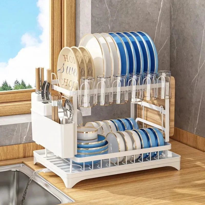 Escurridor de platos de doble capa y gran capacidad con placa guía de agua |   Estante de almacenamiento para tazones, tazas y vajilla de cocina
