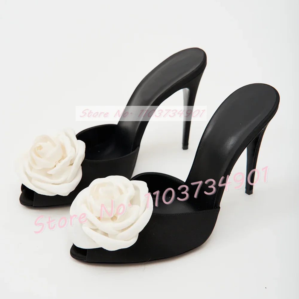 Mules de tacón alto fino de satén para mujer, zapatos aterciopelados con apliques florales, color rosa y rosa, elegantes y negros