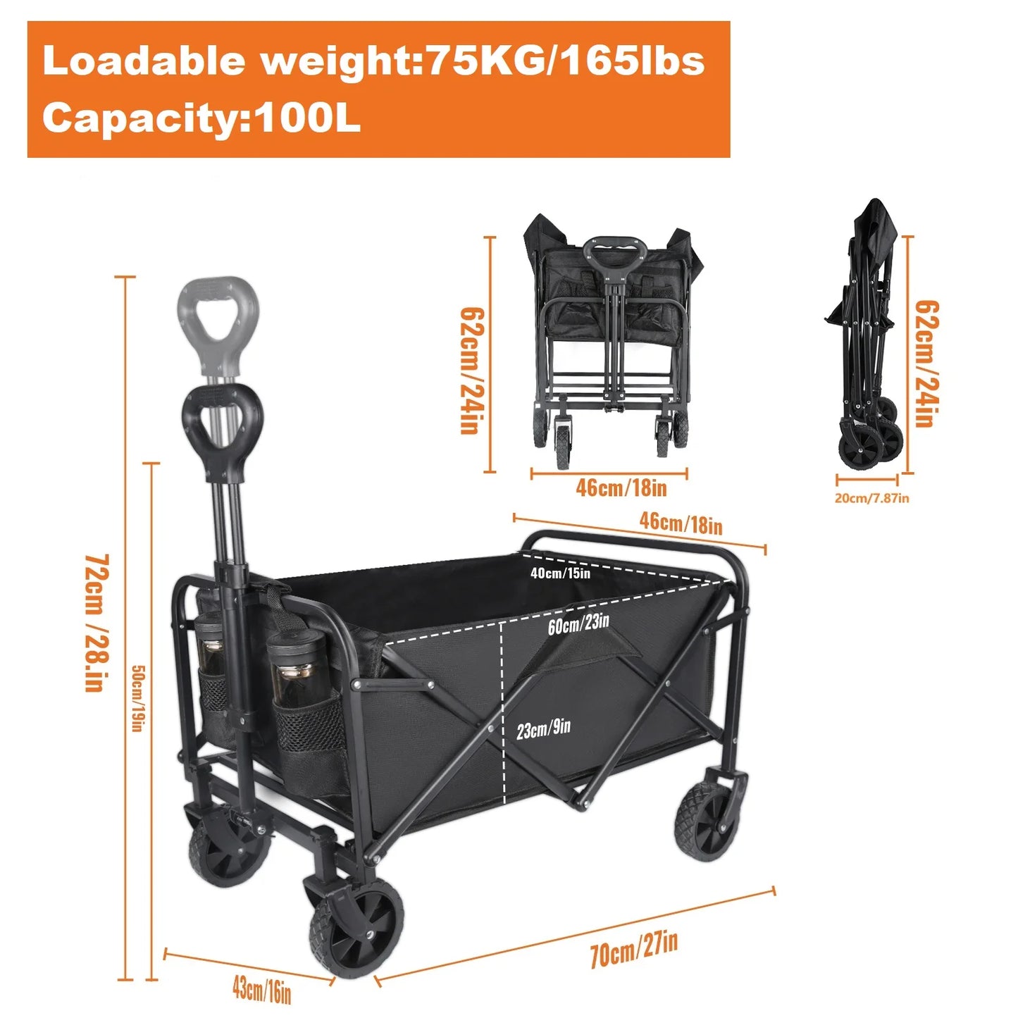 Carrito de Camping Plegable de Gran Capacidad (100L), Carrito de Compras, Carrito de Jardín, Carrito Plegable Portátil para Exteriores, Carrito de Picnic