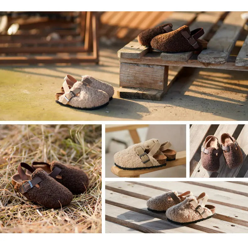 Zapatilla peluda cálida para bebés y niñas, sandalias de felpa, zapatos planos de piel sintética de corcho, zapatilla Prewalker para niños pequeños, correa trasera elástica