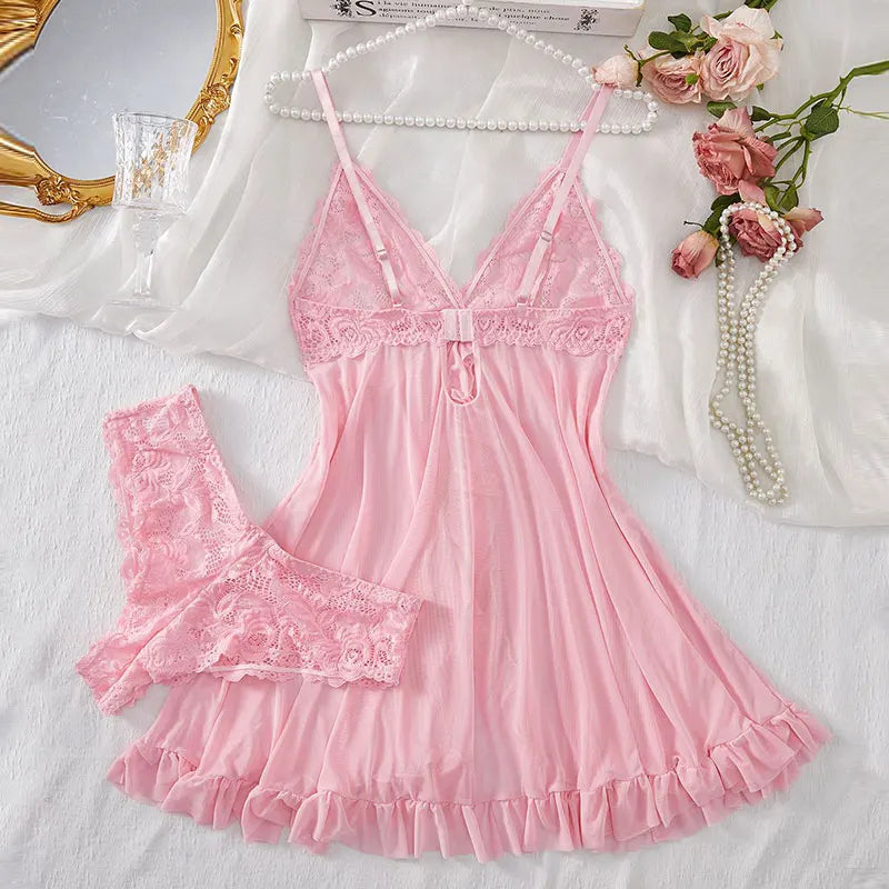 Traje con tirantes, camisón ultrafino de verano, conjuntos de Tanga de encaje, pijamas sexis para mujer, lencería, vestido de noche caliente, ropa de dormir cómoda