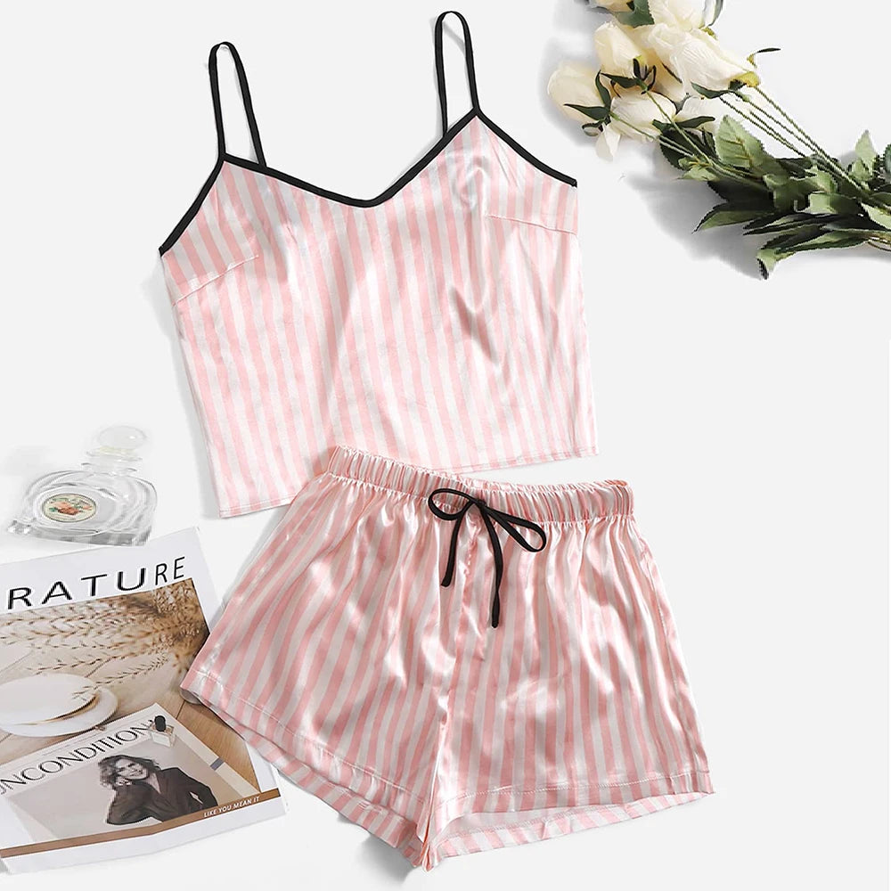 Conjuntos de Pijama Sexy de verano para mujer, Pijamas con patrón de dibujos animados, conjunto de satén sin mangas con tirantes, Pijamas femeninos, ropa de dormir, traje para casa