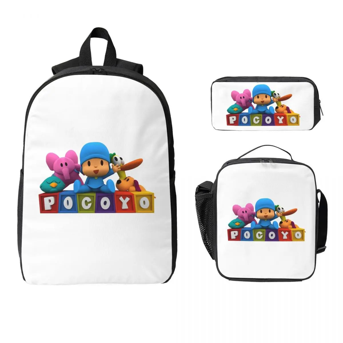 Mochila azul de dibujos animados de Pocoyo para niños, mochila escolar, bolsos de hombro para ordenador, bolsa de almuerzo aislada de 3 piezas, estuche para lápices