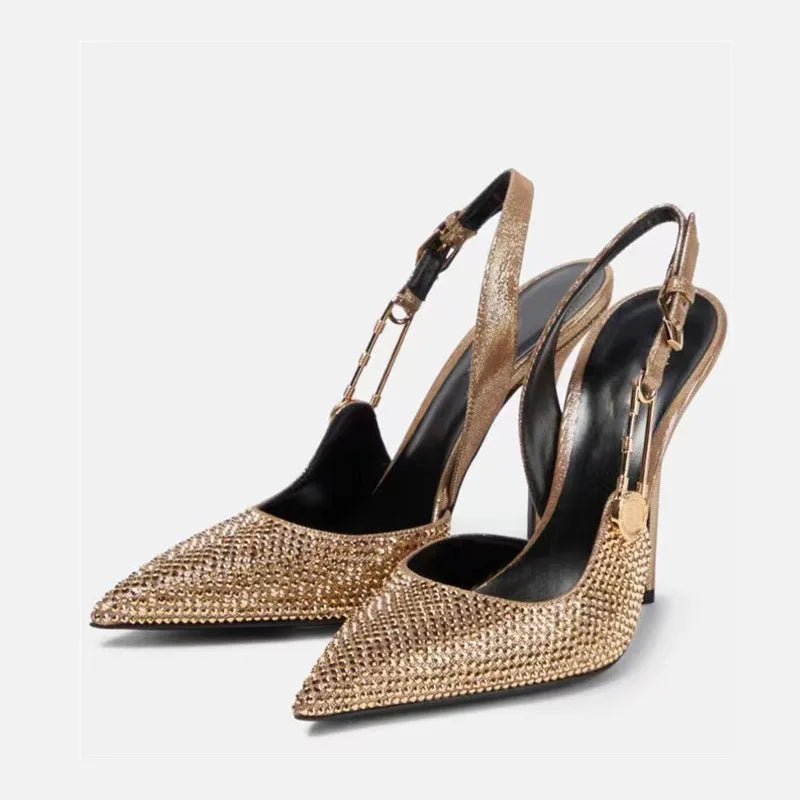 Zapatos de tacón de lujo con hebilla de lentejuelas y diamantes de imitación para mujer, zapatos de tacón alto de aguja con punta estrecha, zapatos de moda para primavera y verano
