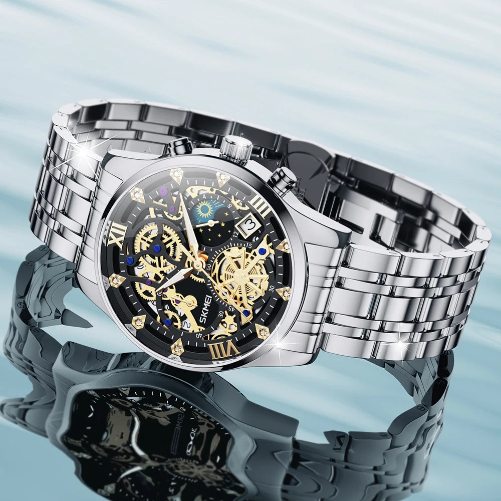 Relojes SKMEI de lujo de marca superior de acero para negocios, relojes de pulsera con calendario de movimiento de cuarzo japonés resistente al agua 3Bar para hombre