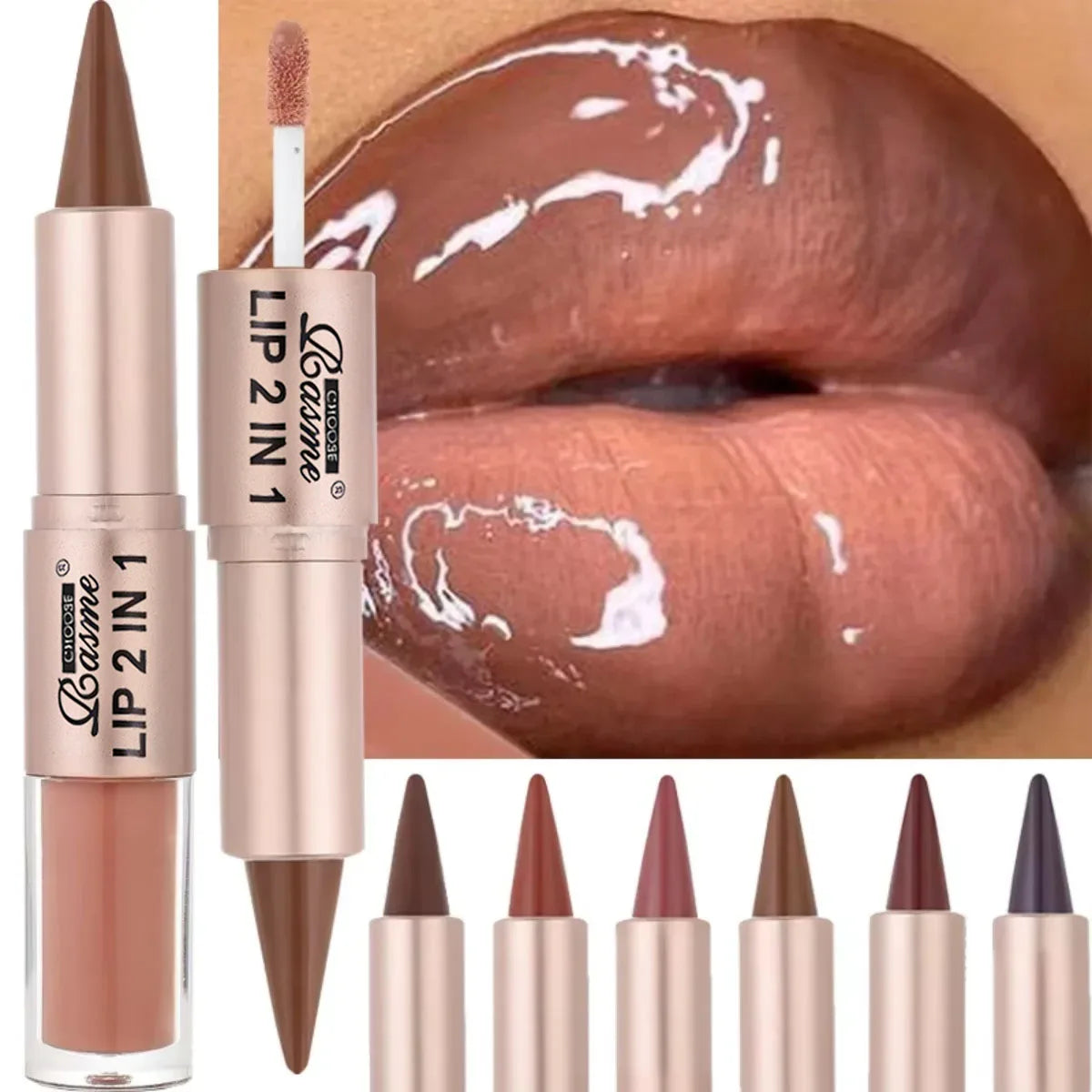 Lápiz delineador de labios degradado cónico 2 en 1, brillo de labios de cristal de espejo marrón desnudo, delineador de labios mate, maquillaje antiadherente para contorno de labios resistente al agua