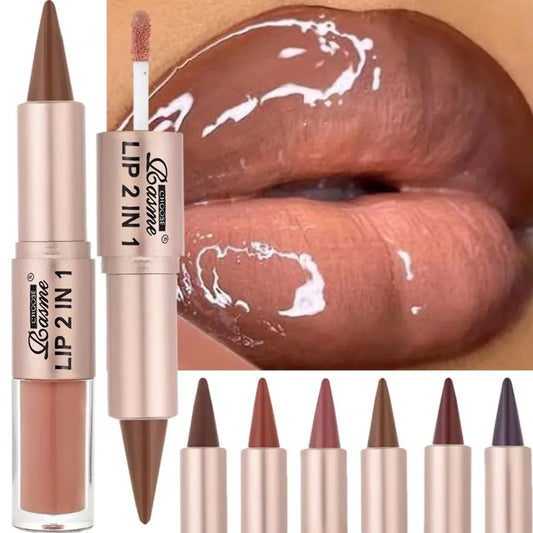 Lápiz delineador de labios degradado cónico 2 en 1, brillo de labios de cristal de espejo marrón desnudo, delineador de labios mate, maquillaje antiadherente para contorno de labios resistente al agua