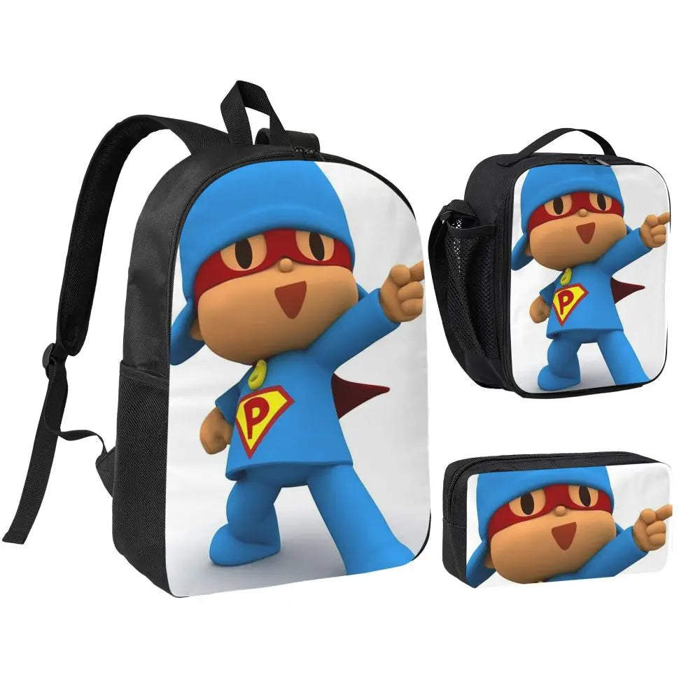 Mochila azul de dibujos animados de Pocoyo para niños, mochila escolar, bolsos de hombro para ordenador, bolsa de almuerzo aislada de 3 piezas, estuche para lápices