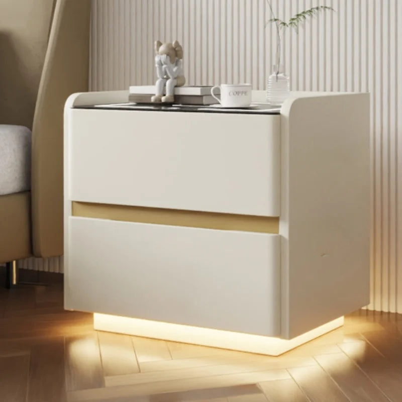 Mesita de noche inteligente de madera maciza con carga inalámbrica, mesita de noche de estilo moderno con 2 cajones y cerradura, armario lateral para el hogar