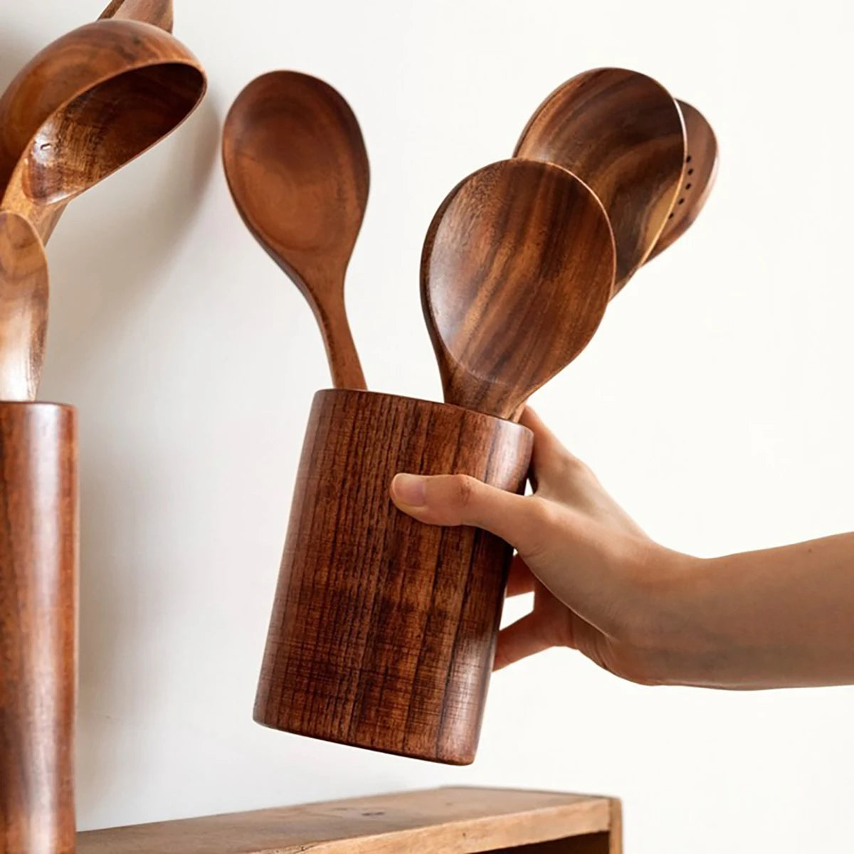 Utensilios de cocina de madera, juego de cuchara y espátula para el hogar, cuchara para ensalada, tenedor, cuchara agitadora, juego de cocina para hornear con cubo de almacenamiento