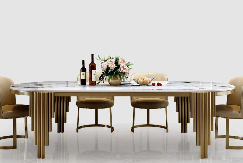 Juego de comedor de acero inoxidable, muebles para el hogar, mesa de comedor de mármol moderna