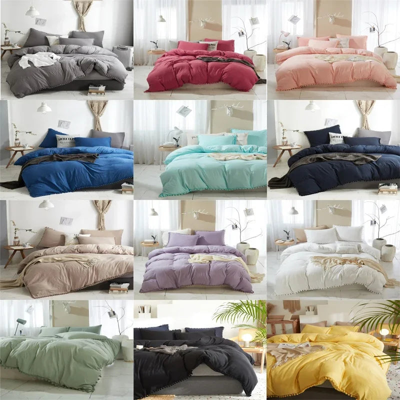 Funda de edredón suave y lavada, Juego de 3 piezas, funda de almohada, juego de ropa de cama para Twin, Full, Queen, King Size, decoración de pompones