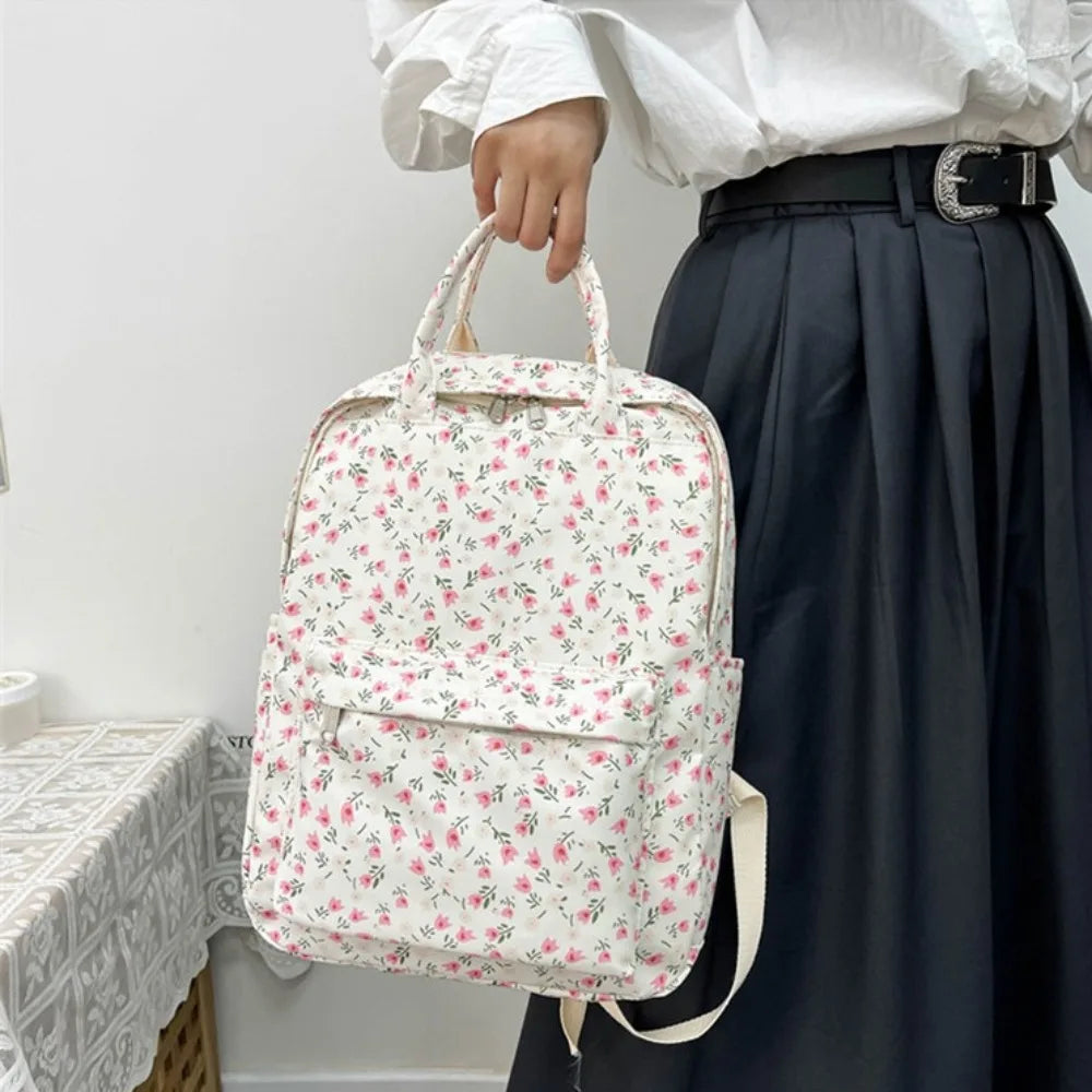 Mochila de moda de gran capacidad para mujer, mochila con estampado de flores y asa para estudiantes, mochila escolar de nailon de estilo japonés para estudiantes