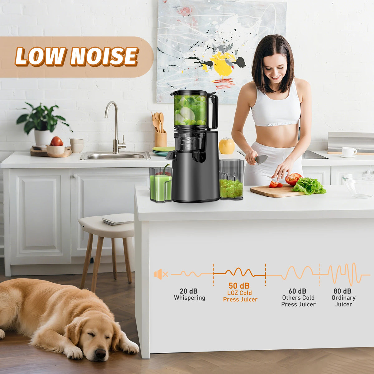 Extractor de Jugos Tolife de Presión en Frío y Masticación Lenta, con Boca Ancha, Vaso de 1000 ml, Silencioso y Fácil de Limpiar, para Frutas y Verduras