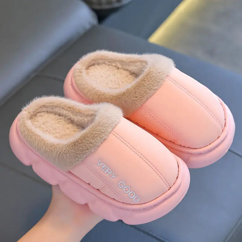 Zapatillas antideslizantes impermeables para niños, zapatos de casa de felpa cálidos para invierno para niños y niñas, uso doméstico en interiores y exteriores