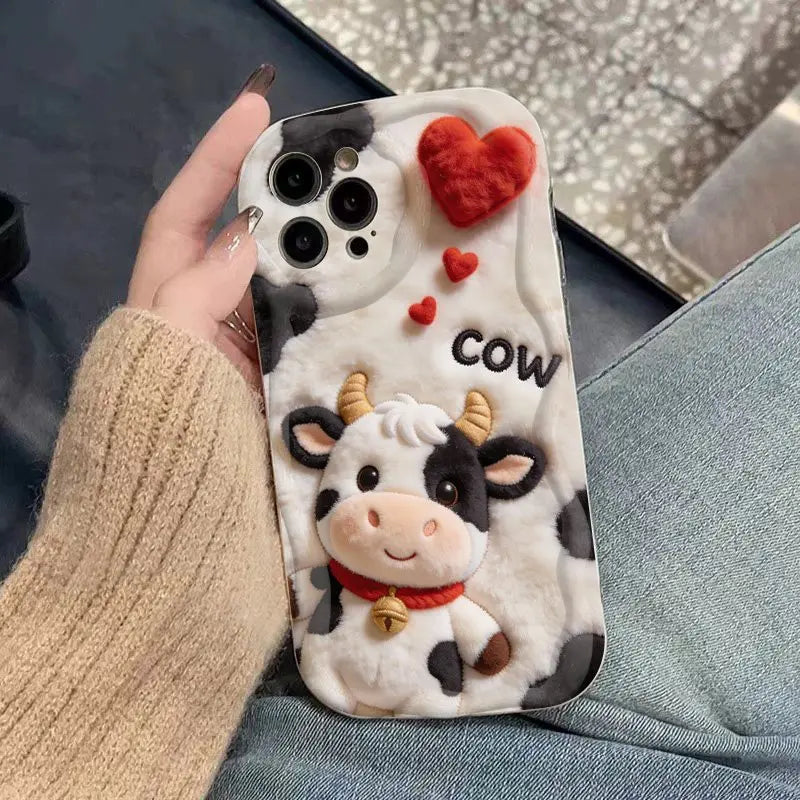 Funda de Teléfono con Diseño de Vaca de Dibujos Animados en Relieve para iPhone 17 16 15 14 13 12 11 Pro Max XS X XR 15 14 Plus 17 Air 16E, Cubierta Suave